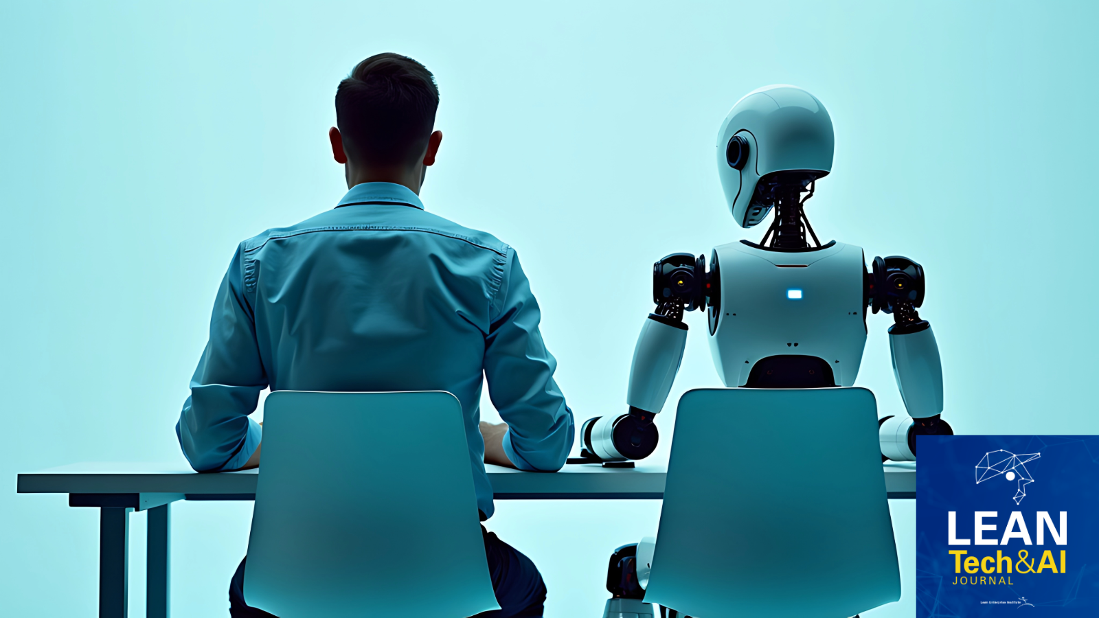Man sitting next to A.I. robot