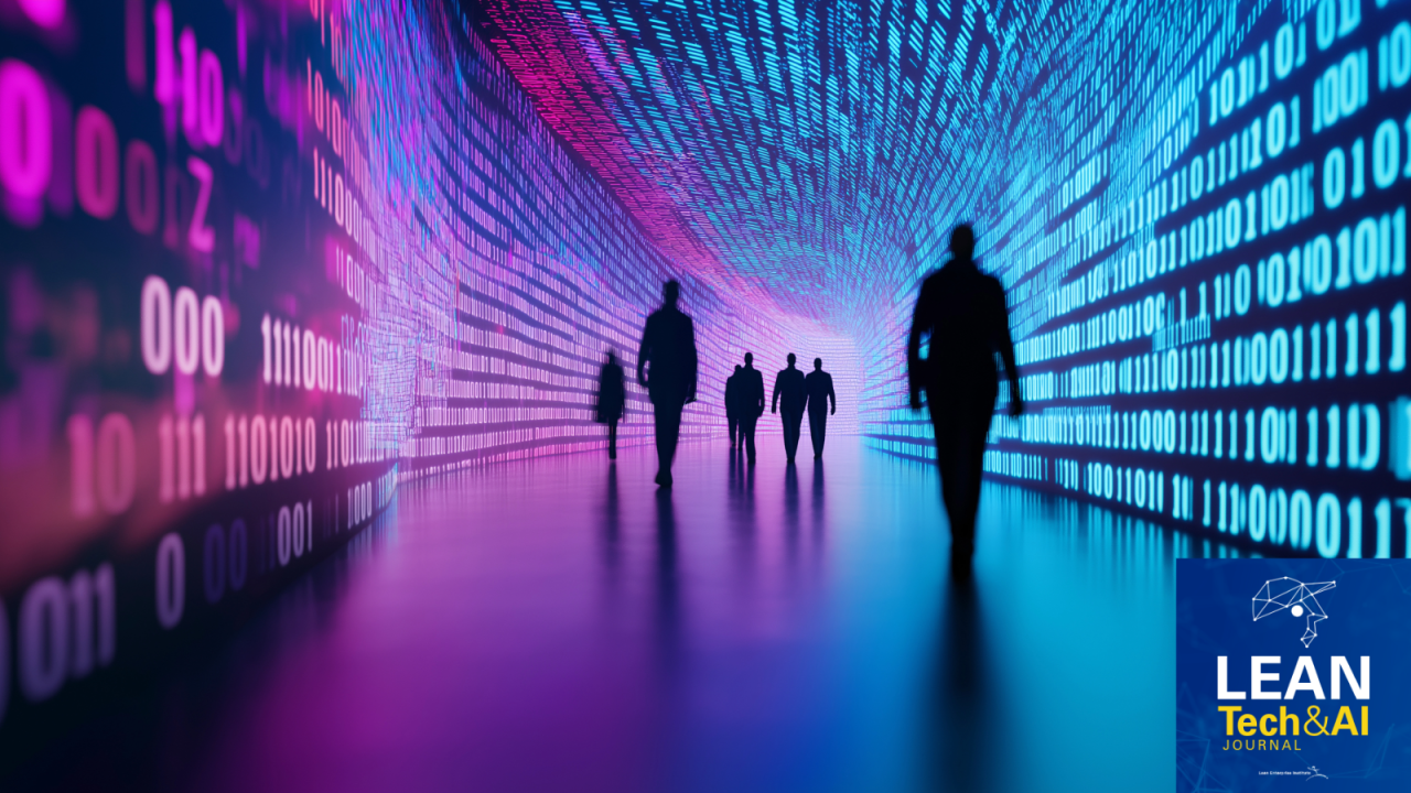 shadows walking in a purple hallway with code displayed on walls